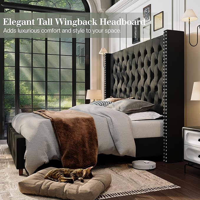 Jocisland King Size Bed Frame with 61.4" Tall Headboard, Velvet Upholstered Wingback Platform Design, Handcrafted Pleats& Deep Button Tufted, Solid Wood Legs, No Box Spring Needed, Black
