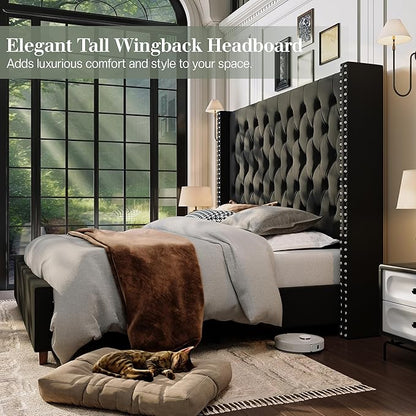 Jocisland King Size Bed Frame with 61.4" Tall Headboard, Velvet Upholstered Wingback Platform Design, Handcrafted Pleats& Deep Button Tufted, Solid Wood Legs, No Box Spring Needed, Black
