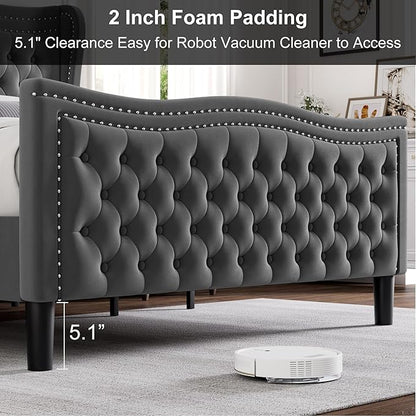 King Bed Frame with Tall Headboard & Footboard, Velvet Upholstered Platform Bed Frame with Deep Button Tufted Wingback, No Box Spring Needed, Noise Free, Grey
