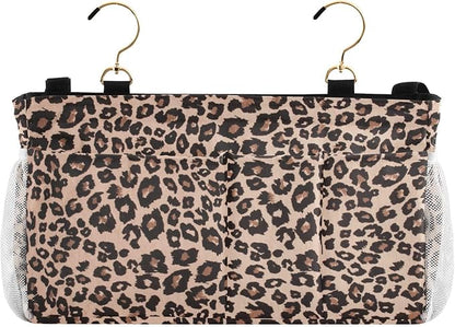 Bedside Caddy Hanging Bunk Bed Caddy Bed Organizer Hanging Pocket with 2 Hooks Bedside Storage Organizer Pocket Bag Holder Leopard Print Brown