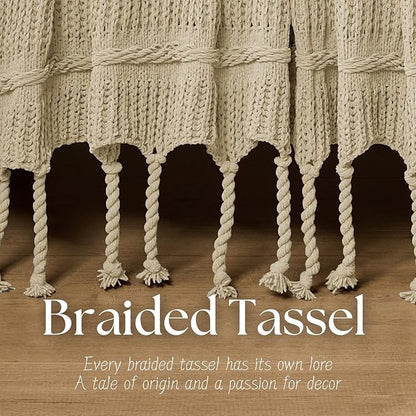 Boho Knitted Chenille Blanket with Tassels - Lightweight & Soft All-Season Throw - 3D Classic Pattern for Living Room Bedroom Couch, Sandy Beige, King 90"x108"