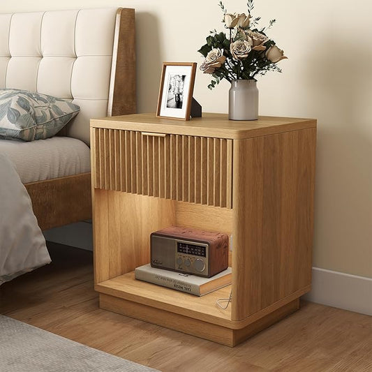Miereirl Fluted Nightstands Set of 1 with Charging Station, LED Nightstand with Rounded Edge, 22" W Farmhouse Nightstand for Bedroom, Natural Oak