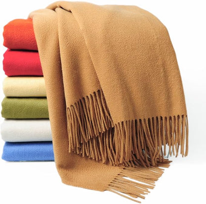 CUDDLE DREAMS Premium Cashmere Throw Blanket with Fringe, Luxuriously Soft (Camel)