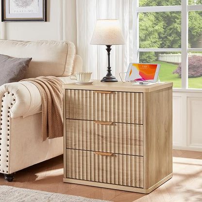 LEYAOYAO Fluted Dressers & Nightstand Set of 3, Wood 48" Wide Dresser & 42" Tall Chest of Drawers,Modern Bedroom Furniture Sets, Natural Wooden Nightstand with 3 Drawers & Charging Station
