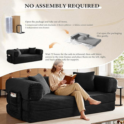 Boneless Couch Folding Couches for Living Room Sofa, Futon Sofa Bed with Sleeper Sofa, Futon Couch with Fixed-Shape Oversized Corduroy Upholstered (Black, 81 Inches)