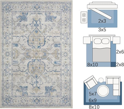 jinchan 3x5 Machine Washable Area Rugs for Entryway - Distressed Vintage Floral Ultra-Thin Low-Pile Soft Non-Shedding Indoor Floor Carpet for Kitchen Bedroom Entrance Laundry Living Room(3x5ft, Blue)