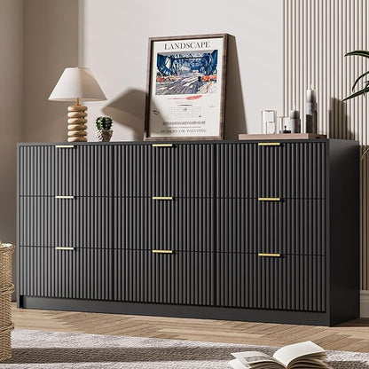 Black 9 Drawer Dresser for Bedroom, 63" Wide Modern Fluted Dresser with Gold Metal Handles, Chest of Drawers for Bedroom, Living Room, Entryway, Hallway