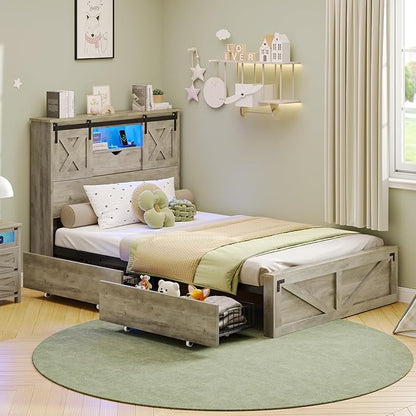 Hasuit Farmhouse Bed Frame Twin XL Size with 2 Storage Drawers, Wooden Platform Twin XL Bed with LED Lights and Charging Station, Rustic Headboard with Sliding Barn Door Storage Cabinets (Rustic Oak)