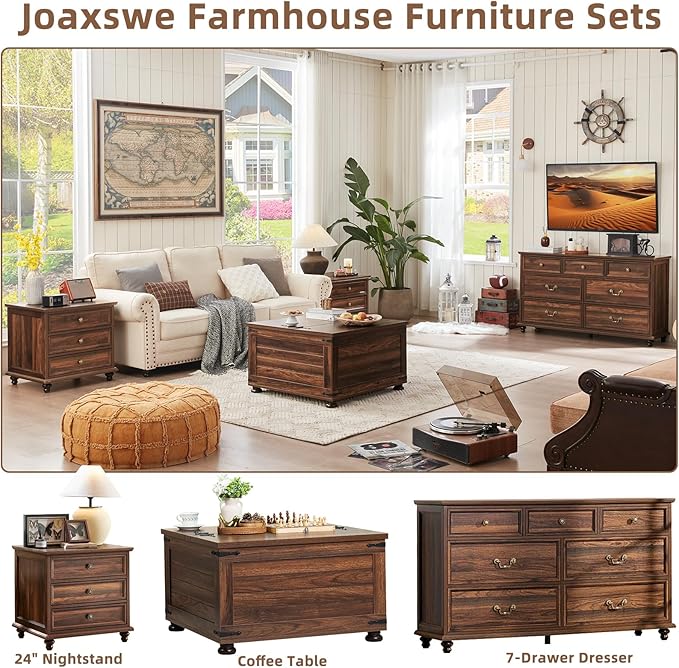 24" Wide Farmhouse Night Stand,Large End Table with 3 Drawers & Metal Handle,Wood Dresser for Bedroom Cabinet, Bed Side Table Chest of Drawers,Brown Nightstand for Living Room,Close