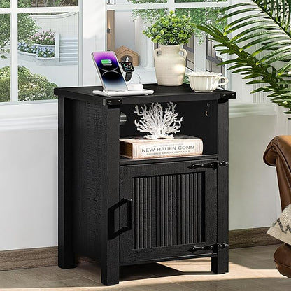Joaxswe Night Stand, 18 Inch Farmhouse Nightstand with with Charging Station and USB Port, Rustic Couch End Table with Magnetic Door, Wood Bed Side Tables for Bedroom, Home, Black