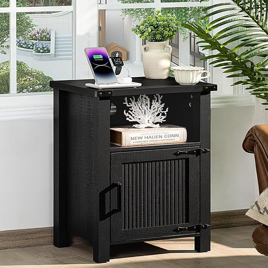 Joaxswe Night Stand, 18 Inch Farmhouse Nightstand with with Charging Station and USB Port, Rustic Couch End Table with Magnetic Door, Wood Bed Side Tables for Bedroom, Home, Black