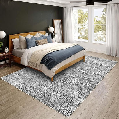 vivorug 8x10 Area Rugs for Living Room, Non-Slip Backing Washable Grey Rug 8x10, Large Area Rug Soft Carpet for Bedroom Dining Room, Vintage, Easy Clean, Durable, Low Pile Rug Under Table