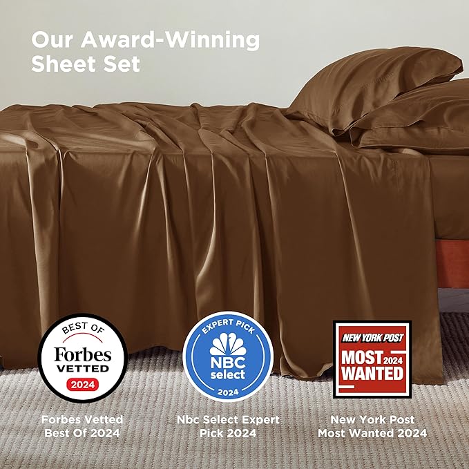 Bedsure California King Sheet Sets, Cooling Sheets for Hot Sleepers, Rayon Derived from Bamboo, Breathable & Soft, Deep Pocket Up to 16 Inches, Hotel Luxury Silky Bedding, Brown