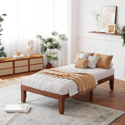 Giantex 14 Inch Twin Wood Platform Bed Frame, Minimalist Style Mattress Foundation with Solid Rubber Wood, Heavy Duty Slat Support, Without Headboard, Easy Assembly, No Box Spring Needed,Walnut