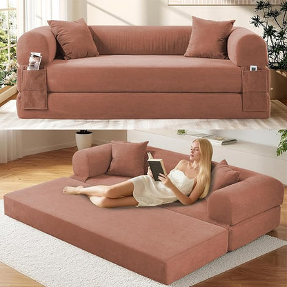 Convertible Futon Sofa Bed,80" Folding Pull Out Couch Bed with Storage,Queen Sleeper Sofa Bed,Compressed Couch in a Box,Corduroy Boneless Couches for Living Room,Pink