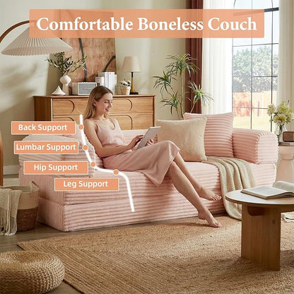 Convertible Futon Sofa Bed, Fold Out Floor Sofa Couch with Sleeper Sofa,Folding Boneless Couches with Deep Seat,Cloud Corduroy Foldable Mattress Couch for Living Room (Pink)