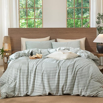 MooMee Gingham Duvet Cover Set 100% Washed Cotton Linen Like Textured Breathable Durable Soft Comfy Modern Checkered Design (Sage Green Gingham, Super King 108"x98")
