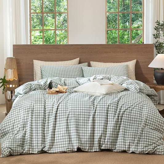 MooMee Gingham Duvet Cover Set 100% Washed Cotton Linen Like Textured Breathable Durable Soft Comfy Modern Checkered Design (Sage Green Gingham, Palatial King/Oversized King 120"x98")