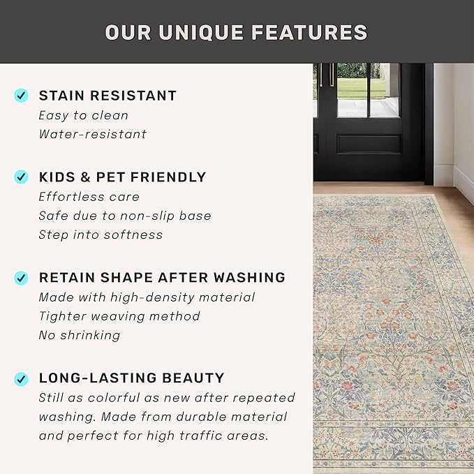 Washable Beige Blue 2x10 Runner Rug for Hallway Kitchen Mudroom, Non-Slip Stain Resistant Extra Long Floor Mat 10 ft - Vintage Floral Aethestic Decor
