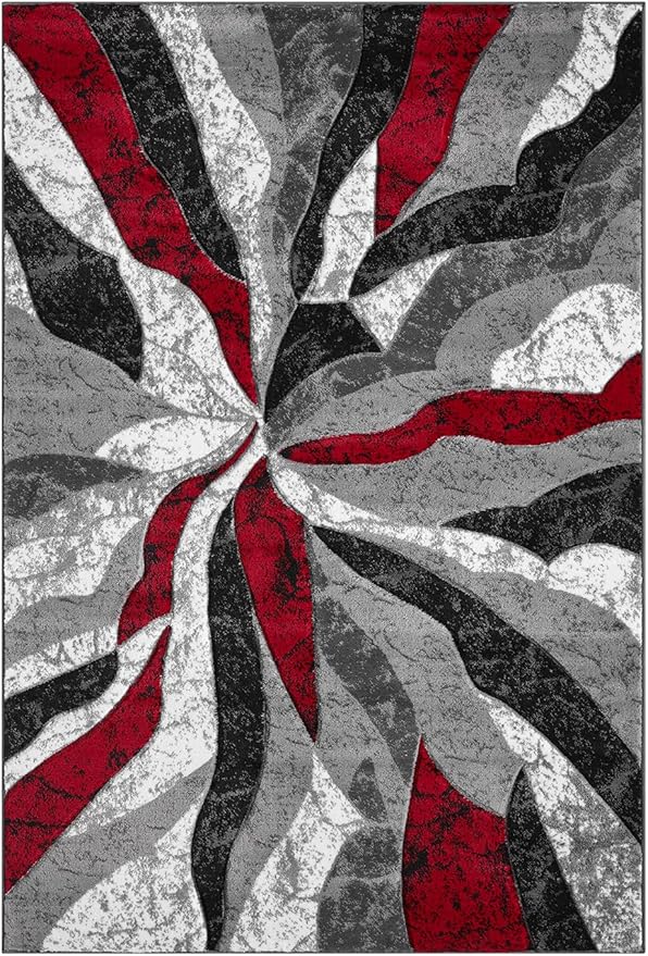 Modern Abstract Area Rug Hand Carved Contemporary Geometric Swirls Vibrant Colors Carpet for Living Room Bedroom Design PR1002 (Red, 8' x 10')