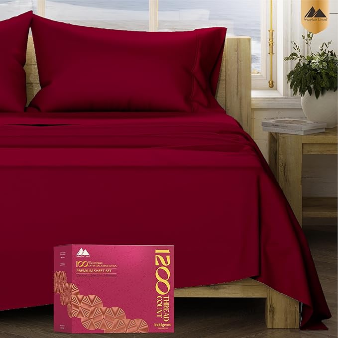 Mayfair Linen 100% Egyptian Cotton Sheets California King Size - 1200 Thread Count 4 PC Cal King Sheets Egyptian Cotton, Cooling Sateen Sheet, High Thread Count Sheet California King - Burgundy