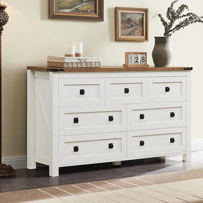T4TREAM Farmhouse 7 Drawers Dresser Wood Rustic Tv Stand, Storage Organizer for Bedroom, Living Room,Hallway, Antique White
