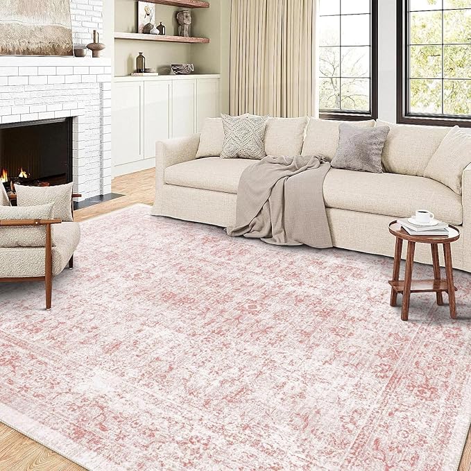4x6 Rug, Small Area Rug for Living Room, Bedroom, Kitchen, Machine Washable Non-Slip Throw Rug, Vintage Distressed Floral Carpet for Entryway Nursery Dinner Room - Durable (Pink)