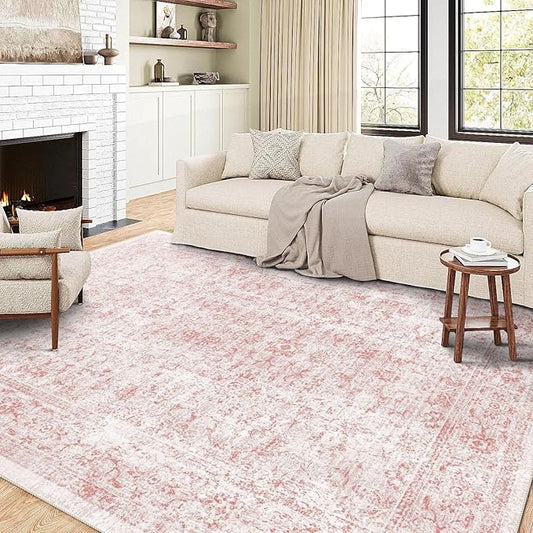 vivorug 5x7 Area Rugs - Ultra-Thin Washable Rug with Non-Slip Backing, Ideal for Living Room, Bedroom, Dining Room Indoor - Vintage, Easy Clean, Durable, Low Pile Rug Pink