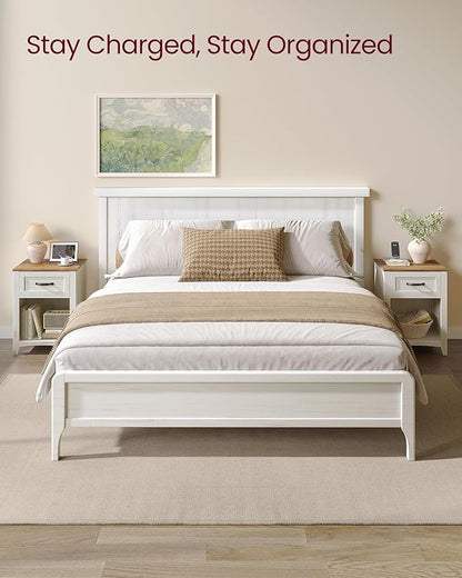 VASAGLE LIRY Collection - Farmhouse Nightstand with Charging Station, Bedside Table, Side Table with Drawer, Open Compartment, for Bedroom, Rustic White and Honey Brown ULET659K41