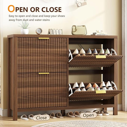 Shoe Cabinet Storage for Entryway, Fluted Shoe Cabinet with 4 Flip Drawers, Hidden Shoe Rack Freestanding Wooden Shoe Organizer with Legs for Hallway, Walnut