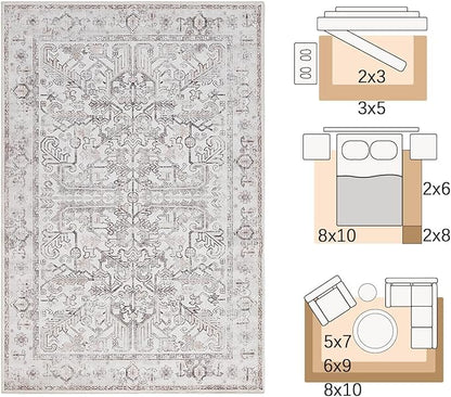 jinchan Lima 5x7 Machine Washable Area Rugs - Vintage Floral Stain Resistant Low Pile Ultra-Thin Non Slip Accent Rug for Bedroom Living Room Kitchen Dining Room Entryway (5x7ft, Taupe)
