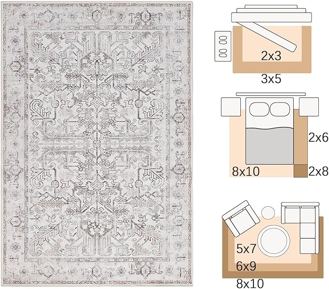 jinchan Lima Kitchen Runner Rug 3x8 - Vintage Floral Machine Washable Non-Slip Hallway Runner Rug with Rubber Backing Ultra-Thin Carpet for Bedroom Laundry Room Farmhouse (3x8ft, Taupe)