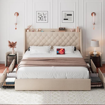 iPormis Full Size Bed Frame with 4 Storage Drawers, Upholstered Platform Bed Frame with Type-C & USB Ports, Wingback Storage Headboard, Solid Wood Slats, No Box Spring Needed, Beige