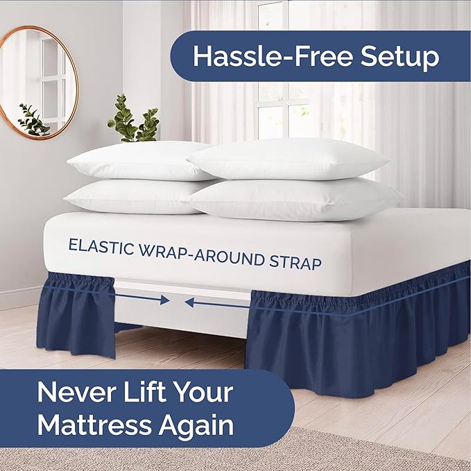 Wrap Around Dust Ruffle Bed Skirt - Navy Blue - for Queen Size Beds with 18 Inch Drop - Elastic Strap - Adjustable Pleated Bedskirt with Brushed Fabric and Wrinkle Free - for Women, Men, Kids & Teens