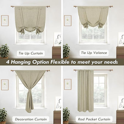 DriftAway Double Layer Linen Blackout Tie Up Curtains Thermal Insulated Fully Lined Balloon Roman Shade Bathroom Window Adjustable Rod Pocket for Small Window 31 Inch by 47 Inch Light Khaki Linen