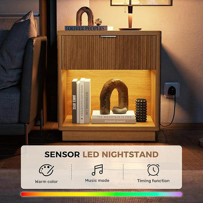 Miereirl Fluted Nightstands Set of 1 with Charging Station, LED Nightstand with Rounded Edge, 22" W Farmhouse Nightstand for Bedroom, Natural Oak