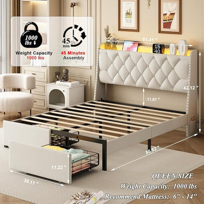 Queen Bed Frame with Storage Headboard and 2 Drawers, Upholstered Button Tufted Platform Bed Frame Queen Size with LED Lights, Charging Station, No Box Spring Needed, Noise Free, Easy Assembly, Beige