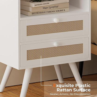 SUPERJARE 2 Drawer Night Stand with Charger Station, Boho Rattan Nightstand Set of 2, 25.2 Inch Tall Bed Side Table with Solid Wood Feet, End Table, Open Storage, Synthetic Rattan, for Dorm, White