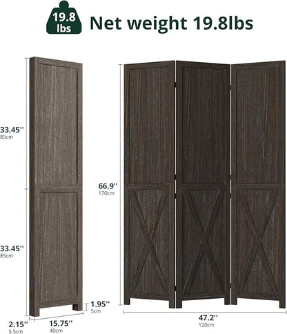 Cozy Castle Wood Room Divider, 3 Panels Folding Privacy Screen, 66.9'' Wall Divider, Barnwood Room Separator, Freestanding Partition, Temporary Wall for Decorative, Rustic Brown