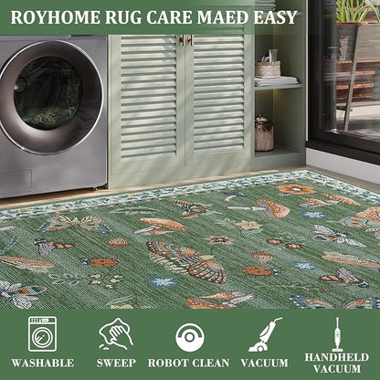 Mushroom Insect 6ft Round Rug Washable Non-Slip Soft Ultra-Thin Boho Circle Carpet for Living Room Bedroom Kitchen Nursery Dining Room Green