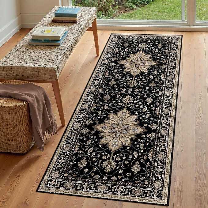 Area Rugs 3'x6' Washable Non-Slip, Floral Vintage Distress Print Pattern Medallion Carpet for Living Room Bedroom Dining Room, Black Brown Neutral Dark Tan