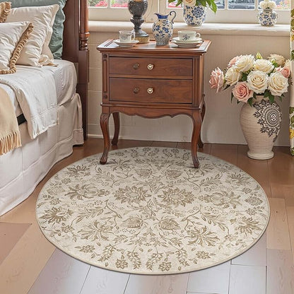 jinchan Torino Classic Floral Round Rug 4ft, Vintage-Inspired Neutral Design 4’Circle Rug, Machine Washable Ultra-Thin Low-Pile Non-Slip Indoor Carpet for Bedroom Living Room Entryway Taupe