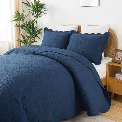 HoneiLife Queen Quilt Bedding Set - Microfiber Quilt Sets for Queen Bed, 3-Piece Lightweight Bedspreads,Reversible Coverlets Rustic Bedlinen Sets, Floral Bedding Set All Season Quilts-Navy