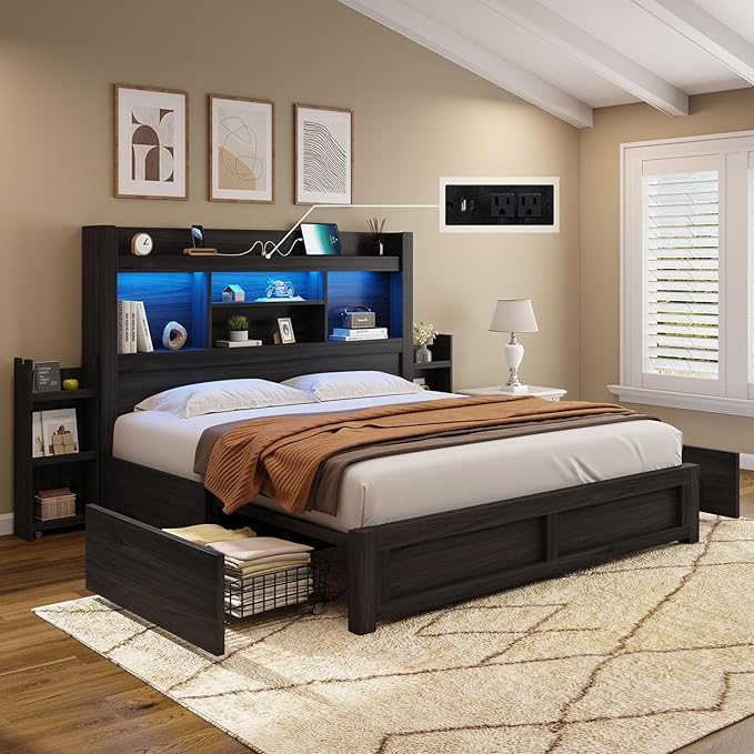 AMERLIFE Queen Bed Frame with 4 Storage Drawers, LED Bed Frame with 49.6" Tall Bookcase Headboard, Wood Platform Bed with Charging Station & 2 Slide Bedside Shelf, No Box Spring Needed/Black