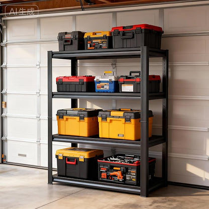 63''Storage Shelves, 4-Tier Garage Metal Shelving Unit, Adjustable, Double-Layer Column with Reinforced Ribs, Heavy-Duty, Capable of Bearing 2400 lbs Suitable for Garage, Warehouse, Kitchen Storage