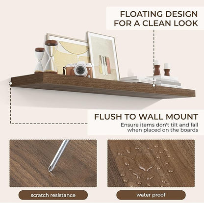 RICHFOCUS 55Inch Floating Shelves for Wall 1 Pack Shelves for Bedroom|Kitchen|Bathroom Wall Mounted Rustic Wood Floating Shelf with Invisible Brackets for Books|Storage|Decor, Walnut