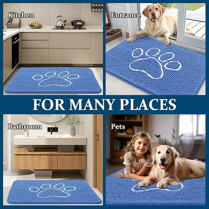 OLANLY Dog Door Mat for Muddy Paws 48x30, Paw Print Design, Absorbs Moisture and Dirt, Absorbent Non-Slip Washable Doormat, Quick Dry Chenille Mud Mat, Entry Indoor Entryway Carpet, Cornflower Blue
