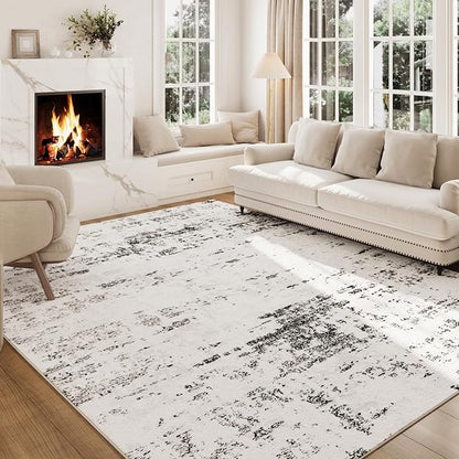 5x7 Area Rug Living Room Rugs - Machine Washable Neutral Abstract Rugs for Dinning Room Indoor Floor Non Silp Rug Carpet for Bedroom Home Office Decor - Black White