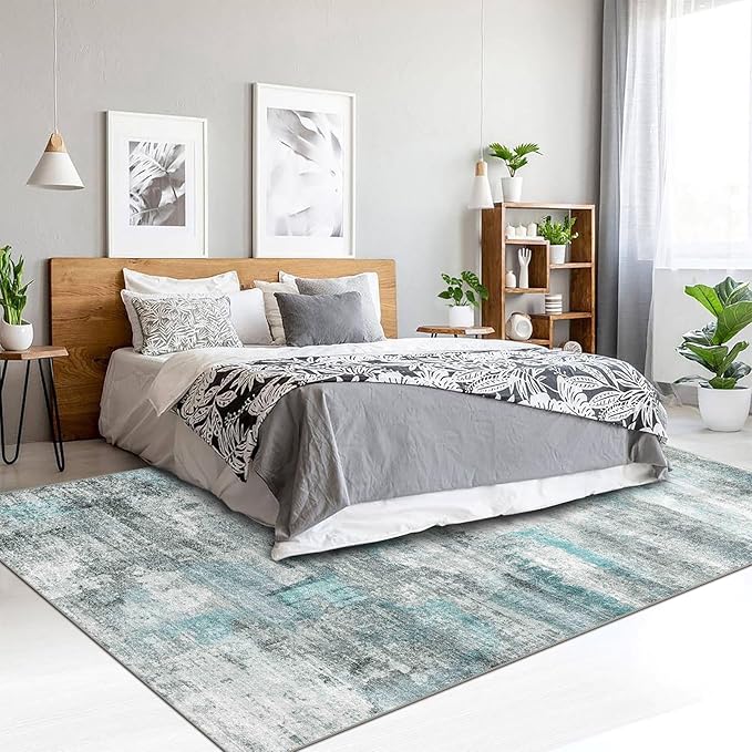 4x6 Rug, Small Area Rug for Living Room, Bedroom, Kitchen, Machine Washable Non-Slip Throw Rug, Modern Abstract Carpet for Entryway Nursery Coffee Table, Teal