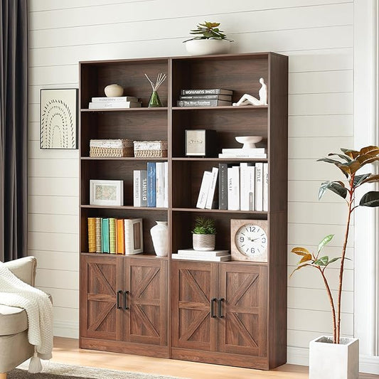 RWYHG 70in Tall Bookshelf 6 Tier Bookcase with Barn Doors and Adjustable Shelf, Brown Farmhouse Book Shelves with Storage Cabinet,Wood Floor Standing Display Bookshelve for Bedroom,Living Room,Kitchen